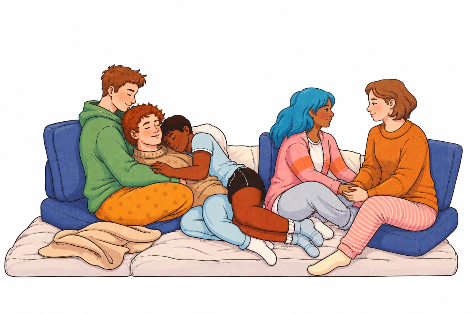 Illustration of five people in cozy clothing on a floor mattress: three are cuddling closely, and two are holding hands.