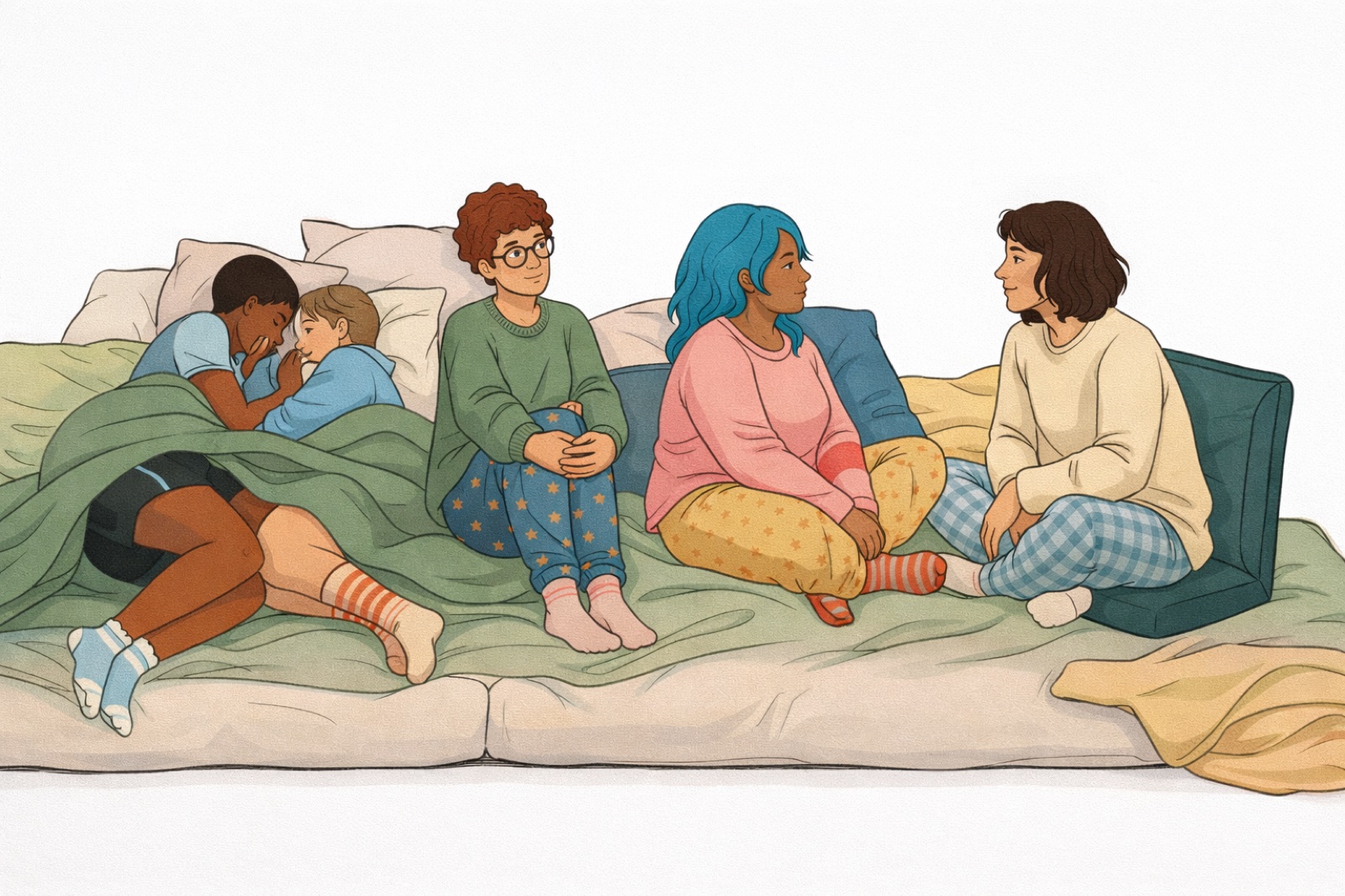 Illustration of five people in cozy clothing on a floor mattress — two cuddling, three in conversation.